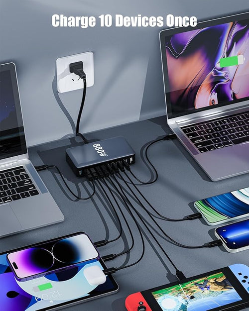 880W USB C Charger Block,10-Port USB C Charging Station GaN IV Travel Essentials Multiple Port Charging Station,100W Laptop Fast Charger Adapter for MacBook Pro/Air,DELL,iPad,iPhone,Samsung Galaxy