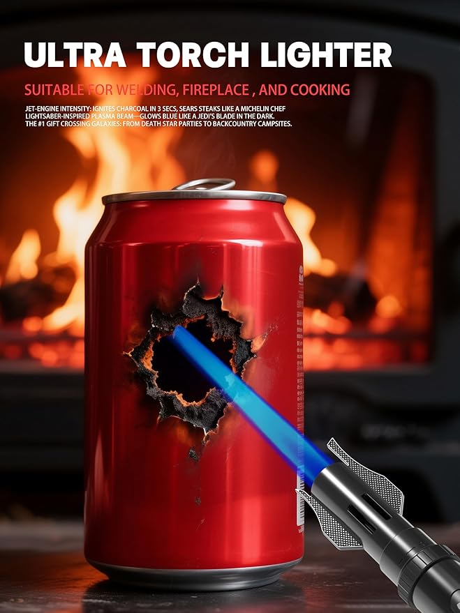 Bright Fire Torch Lighter Butane Refillable, Long Jet Flame Butane Lighter with Long Handle, Adjustable Windproof Lighters for Cooking Fireplace Camping BBQ Lighters Gift for Man (Without Fuel) Black