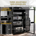 Grufle Media Storage Cabinet, Audio Video Media Stand Cabine with 3 Height-Adjustable Shelves, AV Cabinet Audio Rack with Glass Door and Cable Management for Living, Gaming, Recording Room (Black)