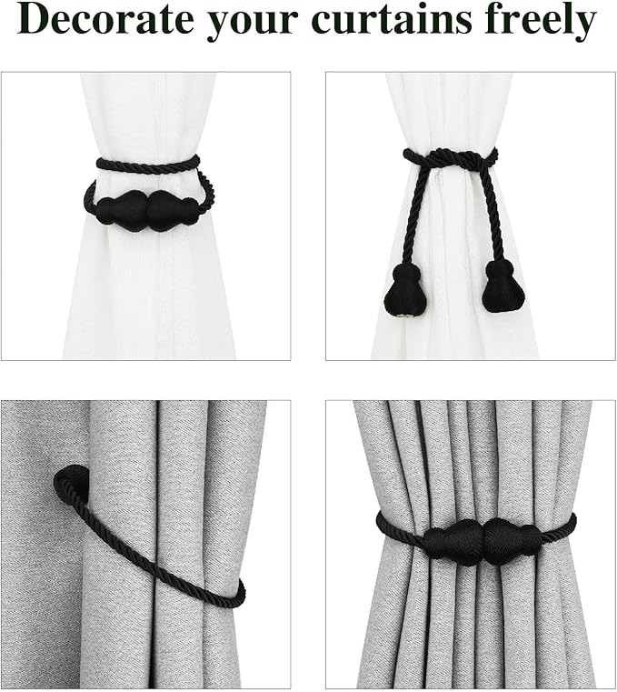 Nieffeiy Magnetic Curtain Tiebacks Outdoor Curtain Tie Backs Rope Decorative Magnetic Curtain Holders for Drapes Window Treatment Holdbacks, Glossy Black 4Pack