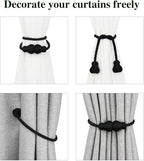 Nieffeiy Magnetic Curtain Tiebacks Outdoor Curtain Tie Backs Rope Decorative Magnetic Curtain Holders for Drapes Window Treatment Holdbacks, Glossy Black 4Pack