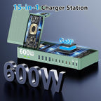 600w Charging Station for Multiple Devices, 15 in 1 Wireless Charger with 2pack 100w USB C Charger Cable, Dual 100w USB C Tablet Charging Station for MacBook,iPhone,iPad,Tablet(Green)