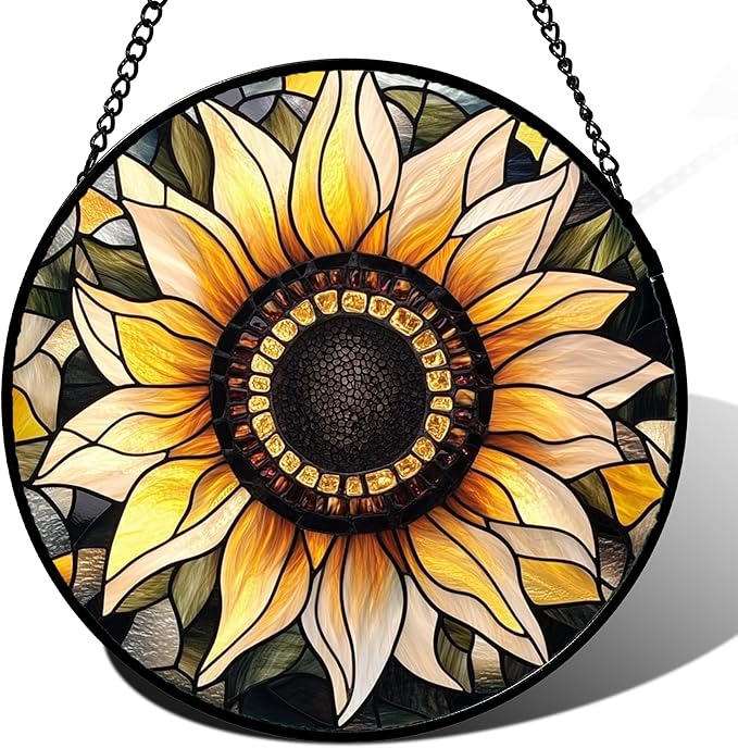 CRISGIF Stained Glass Window Hanging - Sunflower Suncatcher for Door Garden Patio Retro Flower Sun Catchers Decor Christmas Mother's Day Birthday Gifts for Women Mom Nana Friend Wife 11.8 in