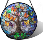 DASTOLL Stained Glass Window Hanging, Butterfly Tree Clover Sun Catchers Glass Panel Blue Suncatcher Decor for Birthday for Women, Men, Wife, Aunt, and Mom 11.8x11.8 in