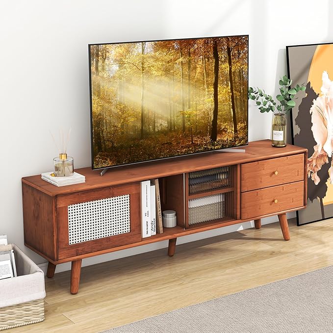 Giantex Mid Century Modern TV Stand for TVs up to 65", Wood Entertainment Center with Open Storage Shelves, PE Rattan Sliding Doors & Drawers, Media TV Console Table for Living Room (Walnut)