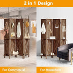 Aleesing 4 Panel Pegboard Display with 16 Hooks, Wooden Pegboard Room Divider Wall with Shelf, Partition Room Dividers and Folding Privacy Screens, Bedroom, Jewelry Store, Brown