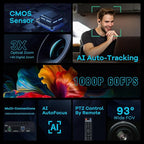 TONGVEO 3X Optical Zoom PTZ Camera AI Auto-Tracking HDMI USB 3.0 1080P 60fps Wide-Angle for Video Conference Business Meeting Live Streaming Online Learn with Zoom YouTube Teams OBS and More