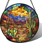 CRISGIF Stained Glass Window Hanging Cactus Mountains Landscape 6.3" - Suncatcher Door Garden Sunroom Sun Catcher Home Decor Birthday Christmas for Mom Men Woman Nana