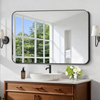 Black Bathroom Mirror, 28x42 inch Aluminum Metal Frame Rectangular Vanity Mirror, Wall Mounted Rectangle Mirrors with Rounded Corner for Bedroom Living Room Hangs Horizontal Or Vertical