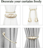 Nieffeiy Magnetic Curtain Tiebacks Outdoor Curtain Tie Backs Rope Decorative Magnetic Curtain Holders for Drapes Window Treatment Holdbacks, Oatmeal 4Pack