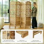 Svimi Room Divider with Shelves, 68.9inch Wood Carved and Louvered Wall Divider Freestanding, 4 Panels Folding Partition Screen for Bedroom Home Office (Natural)