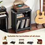 Joaxswe Record Player Stand with Charging Station Up to 200 Albums, 24" Wide Mid-Century Record Player Table with Vinyl Record Storage,Large Wood Turntable Stand Dispaly Cabinet for Living Room,Black