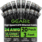 GEARit Cat 6 Ethernet Cable Pack - 20-Pack 3 ft Cat6 Ethernet Patch Cables | RJ45 Network Patch Cable, 10 Gbps Snagless Gold-Plated Connectors - Ethernet Cable Cat 6 for PC, TV, Router - Black