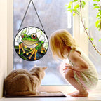DASTOLL Stained Glass Window Hanging, Green Frog White Petals Sun Catchers Colorful Glass Panel Cute Suncatcher Decor for Birthday for Women, Men, Wife, Aunt, and Mom 11.8x11.8 in