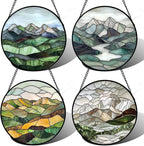 AMDERVEN Stained Glass Window Hanging 4 Pcs Set Mountain River Landscape Large 11.8" - Suncatcher Door Garden Sun Catcher Decor Birthday Mother's Day for Mom Woman Nana Girl Boy Friend