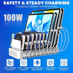 RISWOJOR Charging Station for Multiple Devices, 100W 10 Ports Charging Dock with 10 Cables Smart IC Tech and Adjustable Dividers Type-C，Multi USB Charger for iPhone Galaxy iPad Tablet，White