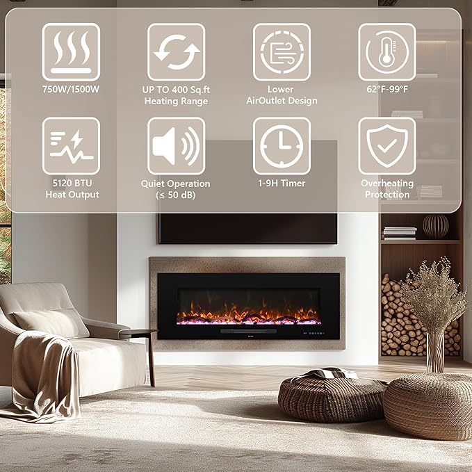 84 inches Electric Fireplace, Recessed & Wall Mounted Fireplace Heater 13 * 13 Colors Flame &Fuel Bed w/5 Dimmer, Touchscreen &Remote Control Temp, Overheating Protect, Hardwired, 1500W, Black