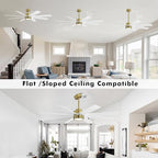 WINGBO 60" Large DC Ceiling Fans with Lights and Remote, 3 Downrods, 8 Plywood Blades, 6-Speeds Reversible DC Motor, 3CCT, Indoor Ceiling Fan for Bedroom Living Room Patio, Brass and White