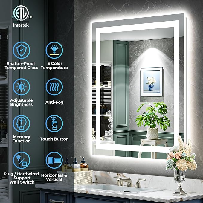 YEELAIT 20x28 Inch LED Bathroom Mirror with Lights Front and Backlit Lighted Vanity Mirror for Bathroom Wall with 3 Colors Dimmable Anti-Fog Memory Shatter-Proof IP54 Waterproof Horizontal/Vertical
