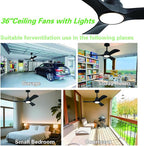 Gaizw 36 Ceiling Fans with Lights,Small Ceiling Fan with Light and Remote Control Reversible 3CCT Dimmable, Noiseless Ventilation Fan,Wooden 3 Blade Ceiling Fan for Bedroom Indoor Outdoor(Black Fan)