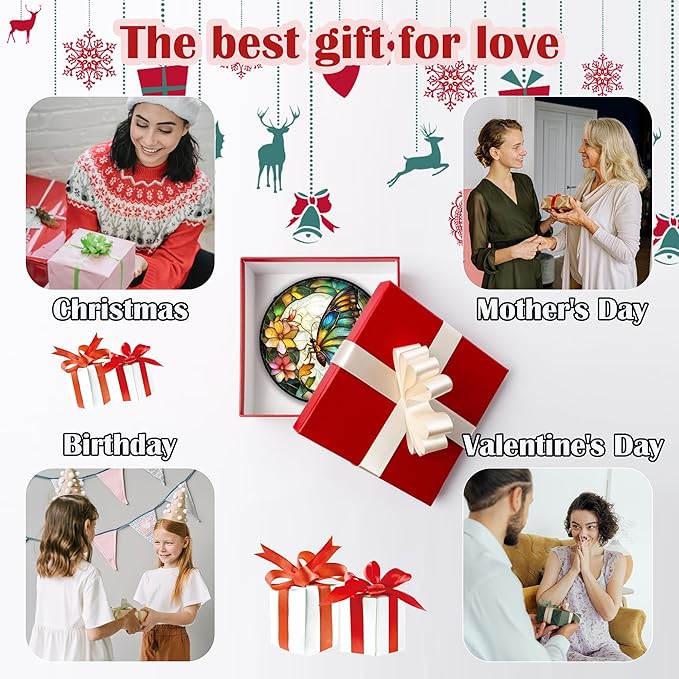 DASTOLL Stained Glass Window Hanging, Butterfly Flower Sun Catchers Diamond Glass Panel Hangings Insect Suncatcher Decor for Birthday for Women, Men, Wife, Aunt, and Mom 9.8 in