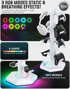 Kytok RGB Controller Holder for PS5/PS4/Xbox/Switch, Headphone Stand with 2 USB Charging Ports and Type-C and Headphone Jack, Headset Holder with Cable Organizer, Controller Stand for Desk, 4 Tiers