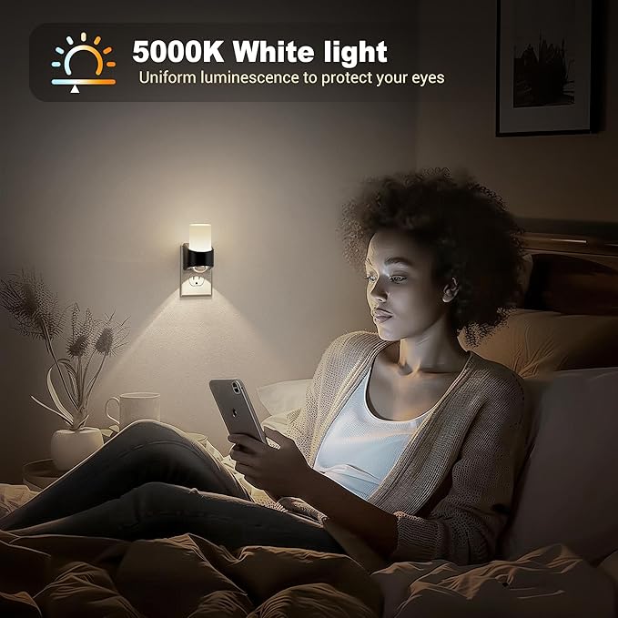 JandCase LED Night Lights Plug into Wall, Decorative Night Light with Dusk to Dawn Sensor, Adjustable Brightness, 5000K Daylight White Nightlight Plug in for Kids, Bathroom, Hallway, Bedroom, Stairway
