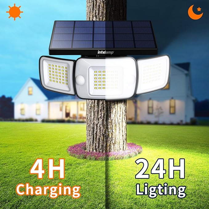 intelamp Solar Flood Lights Outdoor Waterproof, 6000mAh 1200LM Solar Powered Dual Motion Sensor LED Lighting Dusk to Dawn Security Floodlight Exterior with Remote for Outside Garden House Yard Porch