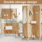 Aleesing 6 Panel Pegboard Display with Shelf, Wooden Pegboard Room Divider Wall with 24 Hooks, Partition Room Dividers and Folding Privacy Screens, Bedroom, Jewelry Store, Natural