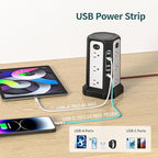 10FT Extension Cord with Multiple Outlets|PASSUS Surge Protector Power Strip with USB C(PD18W) Port|Flat Plug Braided Cord|Tower Outlets with USB Ports,Overload Protection for Home Office DormRoom