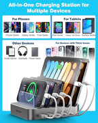 MSTJRY Charging Station for Multiple Devices : 5 Port Multi USB-A Charger Stations Multi-Device Organizer Charging Dock Designed for iPhone iPad Cell Phone Tablets (7 Short Cables Included), Silver