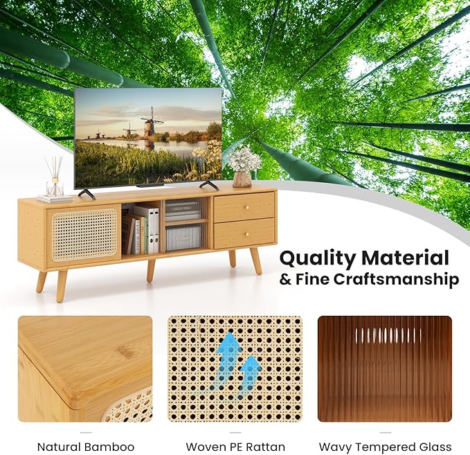 Giantex Mid Century Modern TV Stand for TVs up to 65", Wood Entertainment Center with Open Storage Shelves, PE Rattan Sliding Doors & Drawers, Media TV Console Table for Living Room (Natural)