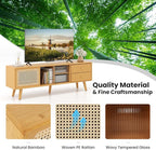 Giantex Mid Century Modern TV Stand for TVs up to 65", Wood Entertainment Center with Open Storage Shelves, PE Rattan Sliding Doors & Drawers, Media TV Console Table for Living Room (Natural)