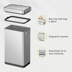 EKO Deluxe Mirage-T 50 Liter / 13.2 Gallon Touchless Rectangular Motion Sensor Trash Can, Matte Stainless Steel Finish