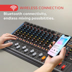 PYLE 12-Channel Bluetooth Studio Audio Mixer - DJ Sound Controller Interface with USB Drive for PC Recording Input, RCA, XLR Microphone Jack, 48V Power, For Professional and Beginners - PMXU128BT