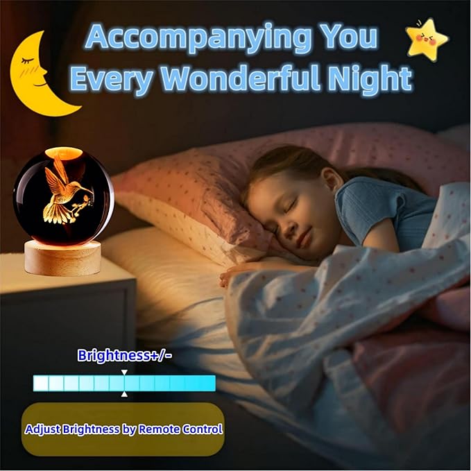 Conalisk 3D Hummingbird Crystal Ball Lamp,Lifelike 3D LED Bird Night Light,16 Colors Changing Light,Dimmable Remote Control,Desk Hummingbird lamp (Bird)