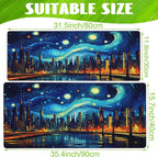 Eflxamz Desk Pad,City Starry Night Desk Mat,Abstract Oil Painting Large Gaming Mouse Pad for Desk,Extended Big Computer Keyboard Mouse Pad with Non-Slip Base and Stitched Edge,31.5"x11.8"
