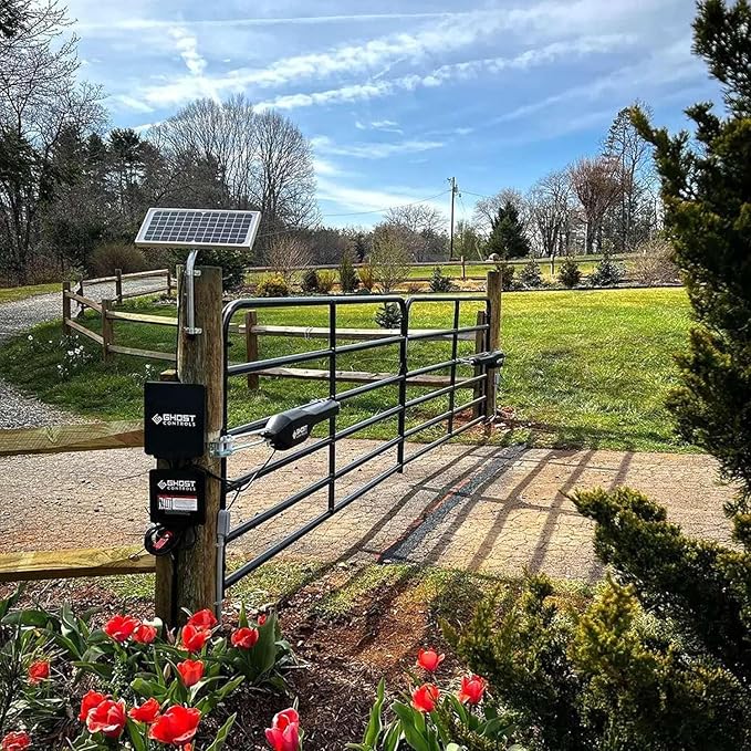 GC GHOST CONTROLS Solar Heavy-Duty Automatic Gate Opener Kit for Driveway Swing Gates with Long-Range Solar Gate Opener Remote - Model TSS1XP