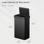 EKO EcoNova 13.2 Gallon/ 50L Automatic Sensor Kitchen Trash Can, Stainless Steel Touchless Garbage Bin with Soft-Close &Stay-Open Lid, Fingerprint-Resistant, Matte Black