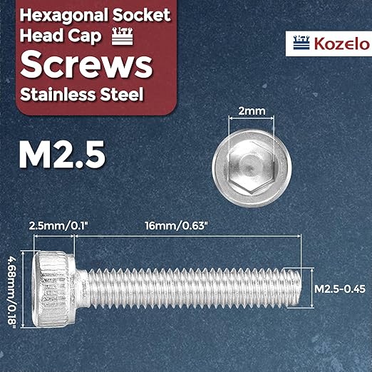 Kozelo 40pcs Socket Head Cap Screws - [M2.5-0.45 x 16mm] 304 Stainless Steel Allen Socket Drive for Electrical Motor 3D Printing Fan Engine Replacement Use, Silver