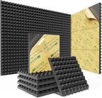 Sonicism 12 Pack Pyramid Sound Proof Foam Panels with Self-Adhesive, 12" X 12" X 1" Acoustic Foam Panels of High Density, Soundproof Wall Panels Fast Expand, Sound Absorption and Decoration (Black)
