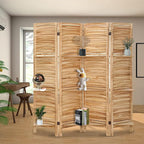4 Panel Room Divider with Shelves, Room Dividers and Folding Privacy Screens, Folding Room Dividers 4 Panel, Wood Room Divider with 3 Display Shelves for Home Office (Natural)