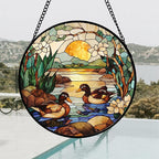 AMDERVEN Stained Glass Window Hanging, Ducks in The Pond Sun Catcher for Door Home Decor Landscape Plant Suncatcher Christmas Mother's Day Birthday Gifts for Women Men Mom Nana 11.8 in