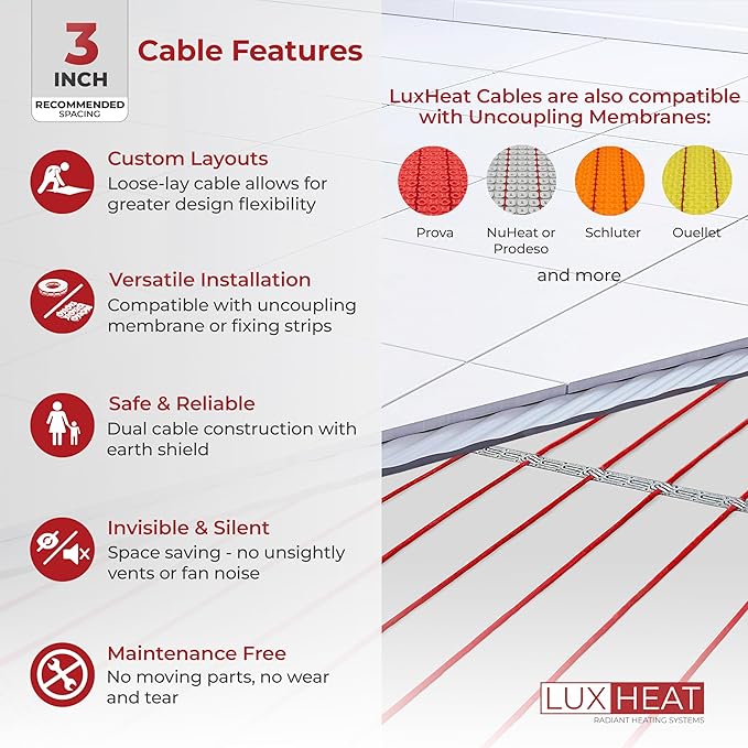 LuxHeat 60sqft Floor Heating Cable Kit - 240v Tile Floor Heating Kit - Heated Flooring System Includes UDG4 Programmable Thermostat w/GFCI, Heated Cable, Strapping, Flooring Sensor & Alarm
