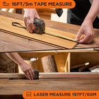 Laser Tape Measure 2-in-1, 197Ft Laser Distance Meter & 16Ft Digital Tape Measure, with LCD Display, Pythagorean Mode, Area/Volume Calculation, USB-C Rechargeable for Woodworking and Construction