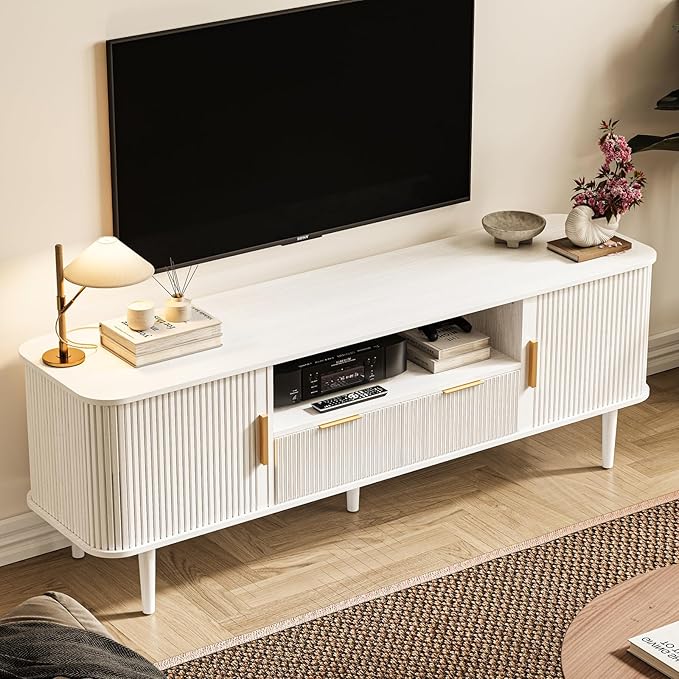 DAMCROP TV Stand 62.4 Inch Mid Century Modern Media Console Table with Drawer Sliding Tambour Door Farmhouse Sideboard Buffet Cabinet Fits TVs up to 75 inch Fluted Wood Entertainment Center(White)