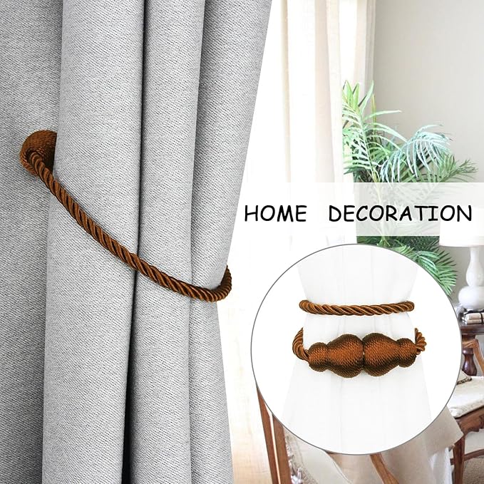 Nieffeiy Magnetic Curtain Tiebacks Outdoor Curtain Tie Backs Rope Decorative Magnetic Curtain Holders for Drapes Window Treatment Holdbacks, Coffee 4Pack