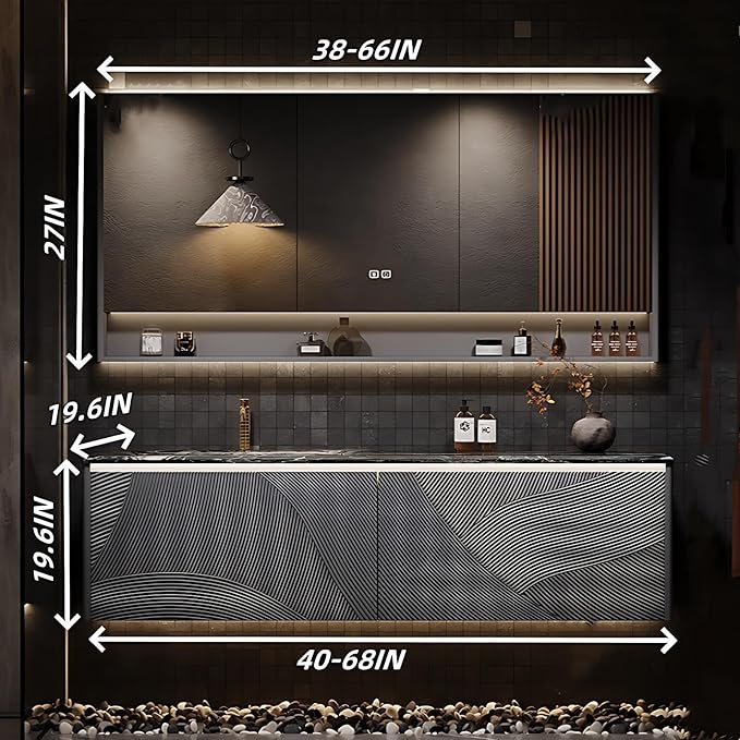 Bathroom Floating Vanity - Smart Defogging LED Lamp & Bathroom Vanities with Tops | Innovative Door Panel Design & Motion Sensor Light, Concealed Handle (B, 60IN)