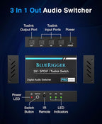 BlueRigger Digital Toslink Optical 3x1 Switch - (LPCM 2.0, SPDIF Optical Audio Switcher with IR Remote Control, 3 in 1 Fiber Optic Switch) - Compatible with Gaming Console, HDTV, Amplifier, Soundbar