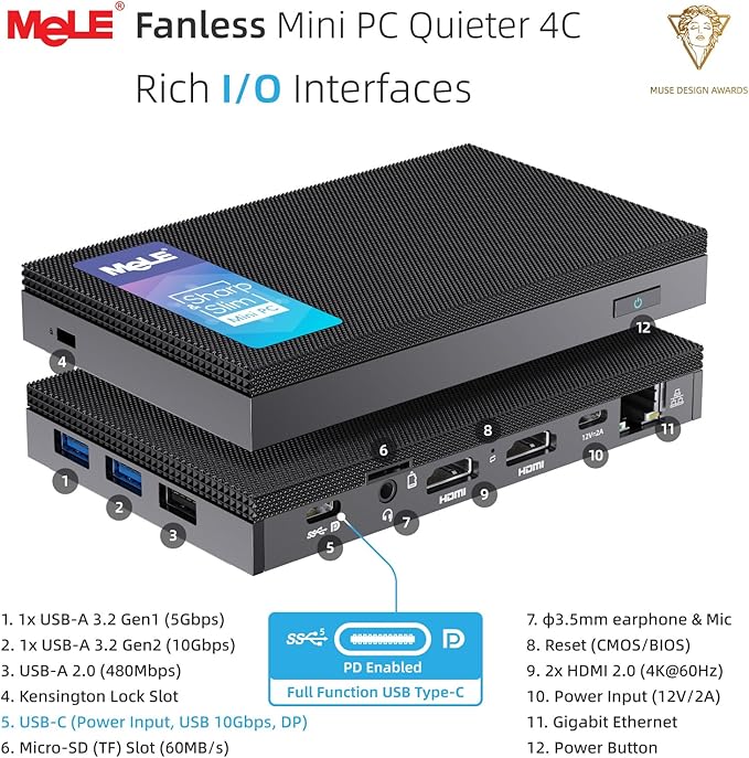 MeLE Fanless Mini PC Quieter 4C, N100 16GB RAM 512GB Storage Win 11 Mini Computers, Micro PC with Full-Functional USB-C, 2.4G/5G WiFi, 4K Triple Screen on Home, Office, Education, Astrophotography